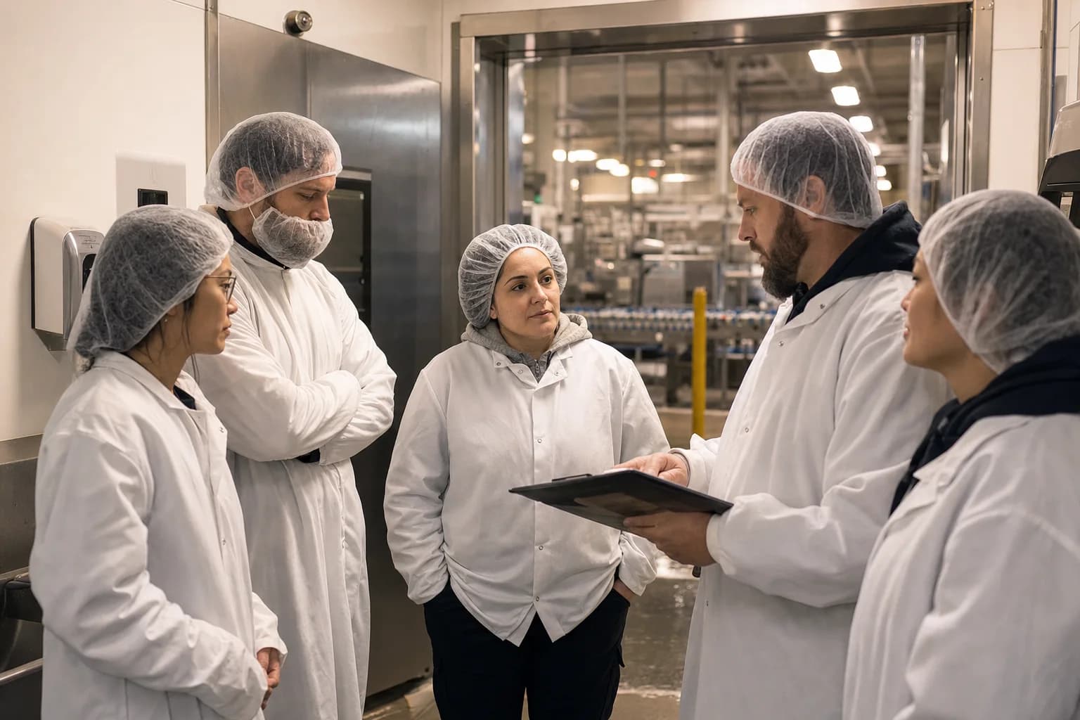 A food-processing shift supervisor reviews the roster with a plant-ready crew.