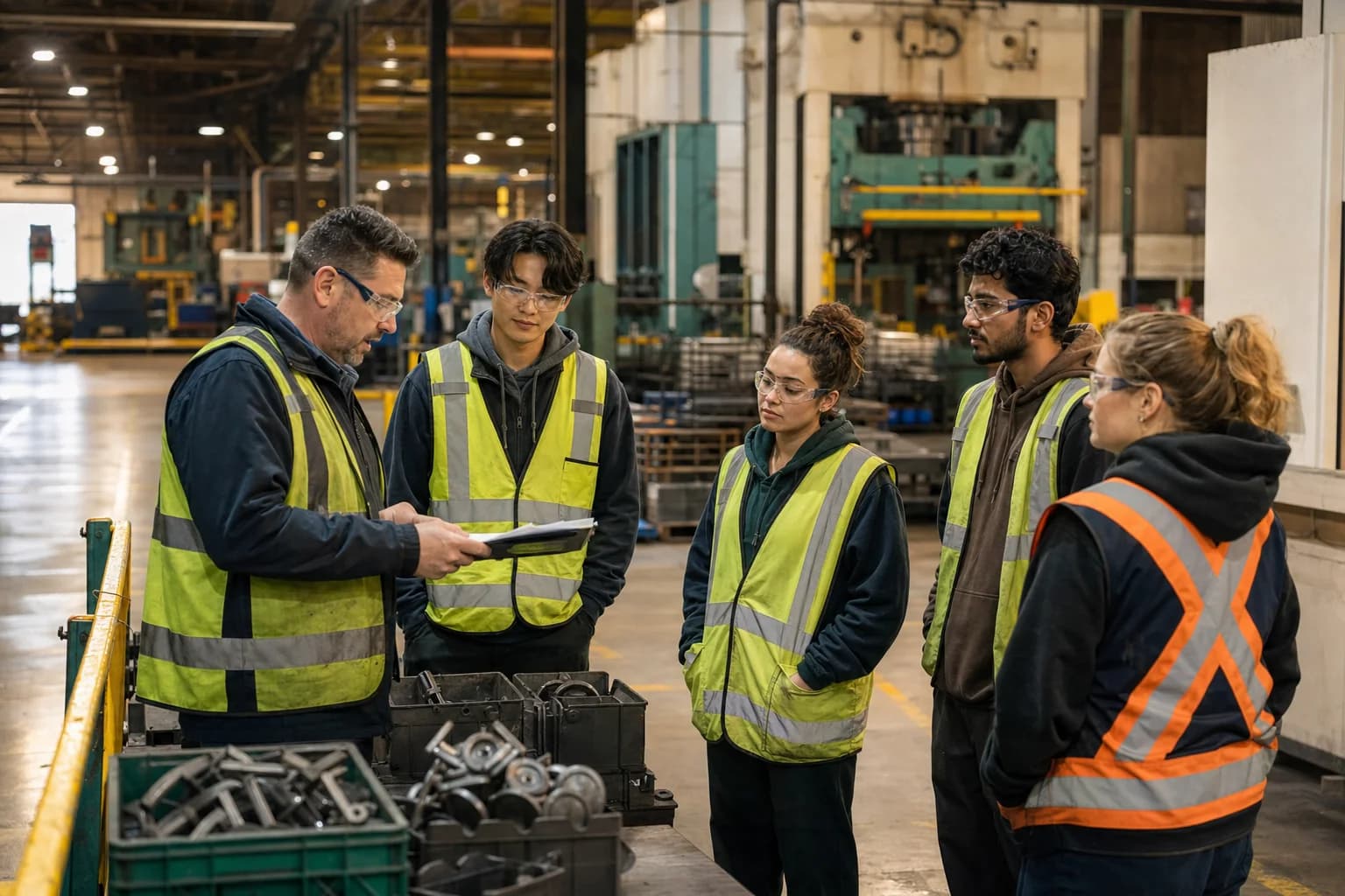 A manufacturing shift supervisor reviews the roster with production workers beside an assembly line.