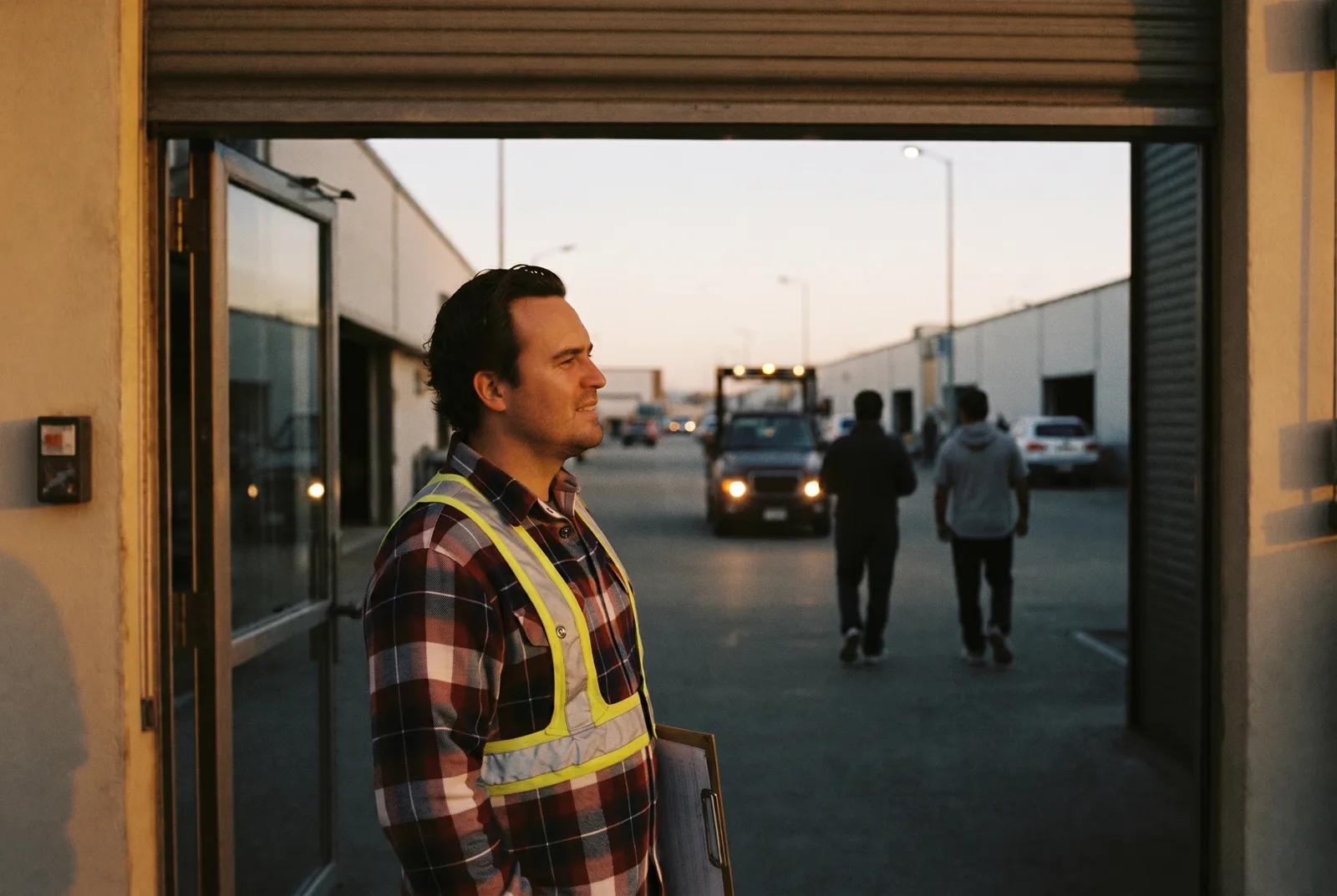 An owner at the open dock door before dawn, clipboard at his side, watching the crew walk in.