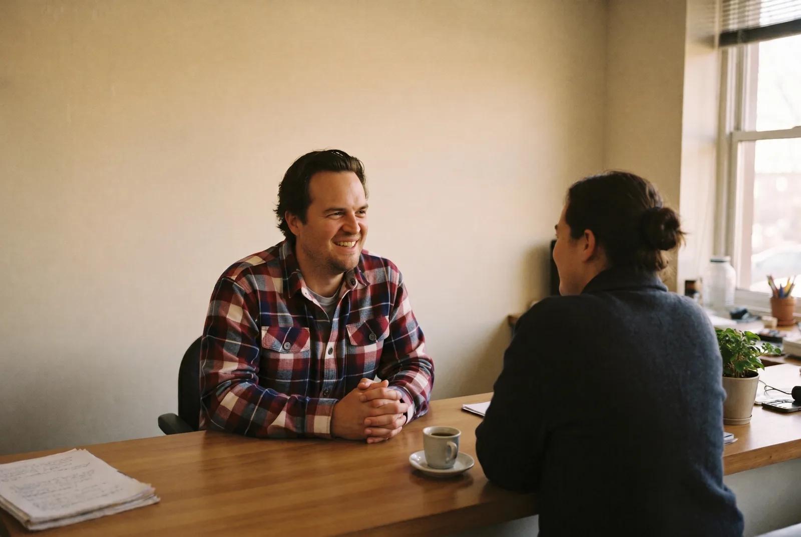 An owner sharing an easy laugh across the front-office desk, coffee on the counter.
