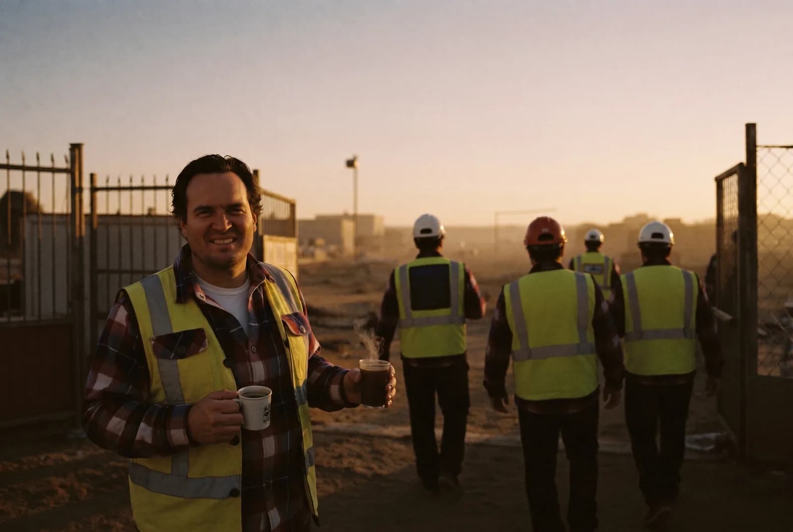 An owner standing at a plant's gate at sunrise, watching the day shift walk in.