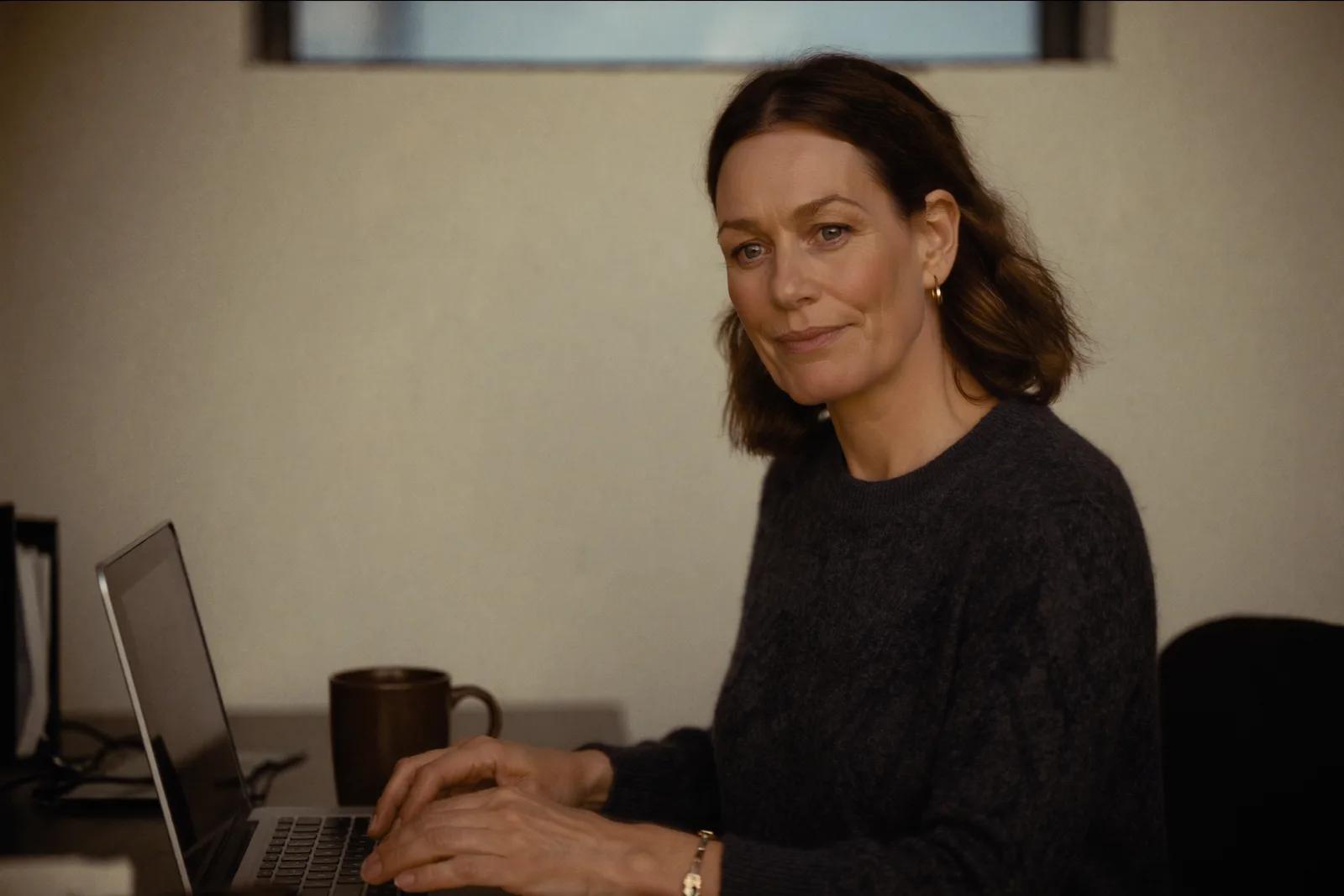 An owner leaning back with a morning coffee, laptop open on the desk.