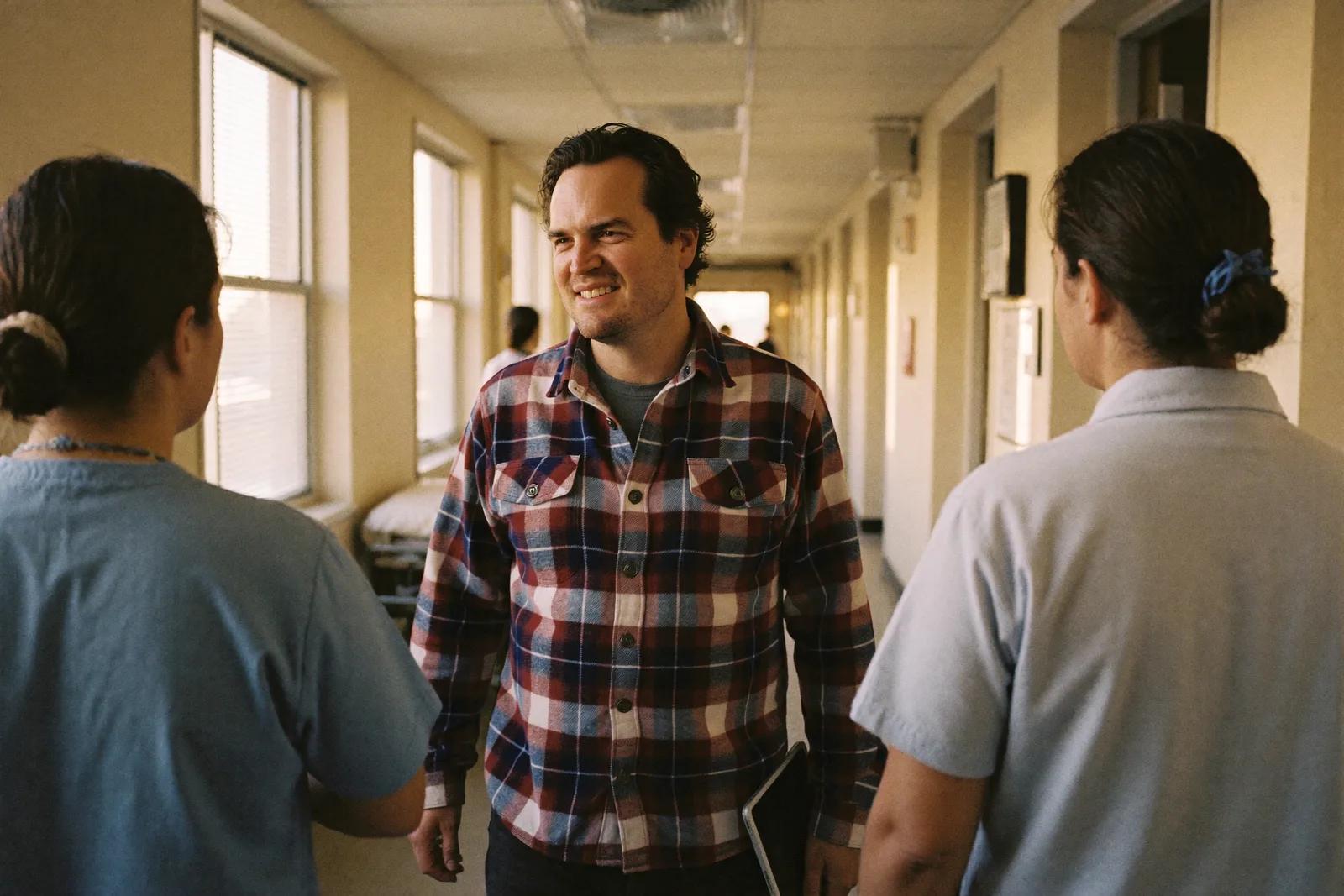 An agency owner walking a bright hospital corridor mid-conversation, relaxed, tablet in hand.