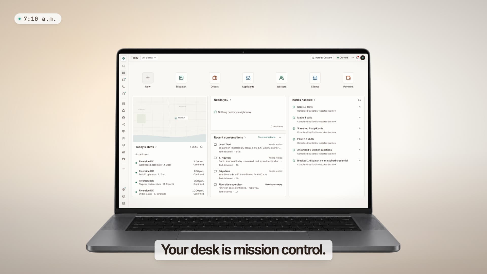 Still from the Kordis film: a laptop showing the agency's morning workspace, with the line Your desk is mission control.